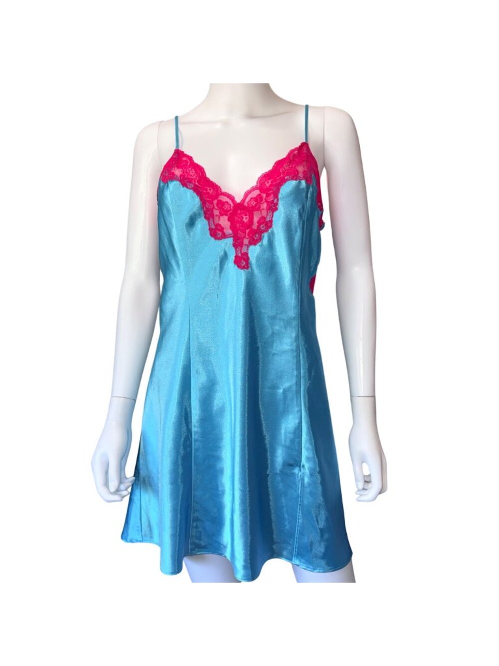Vintage Frederick's of Hollywood Y2K Turquoise Satin Hot Pink Lace Slip Dress L